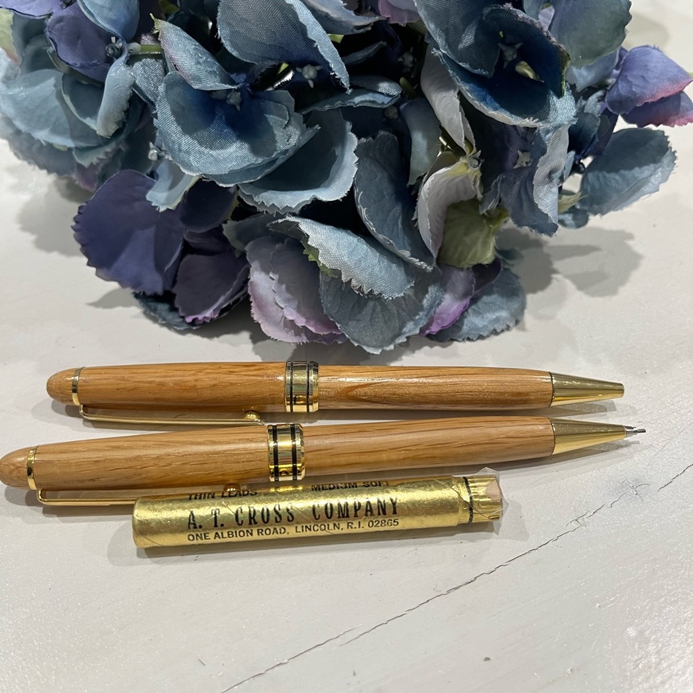 Gold and Tan wood pen and‎ pencil Set with cross pencil refills